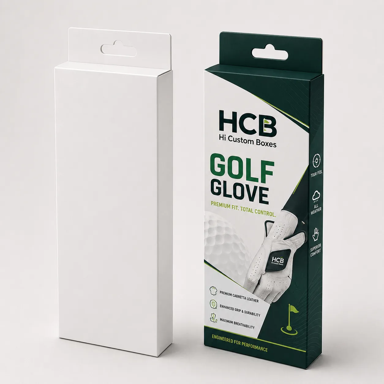 Empty white hanging tab box shown next to a custom printed green golf glove box.